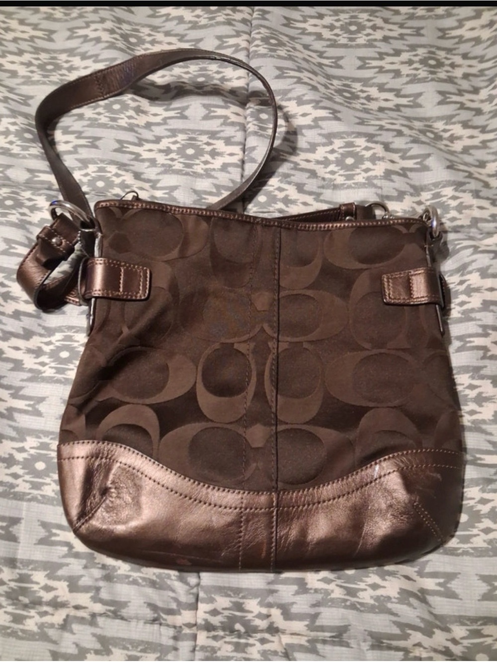 Coach Brown Signature Crossbody with Metallic Trim